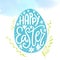 Happy easter greeting card with hand lettering. Blue egg with typography.