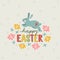 Happy Easter greeting card, invitation with hand drawn running hare or bunny, decorative text and colorful flowers. Flat