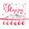 Happy Easter greeting card lettering with hanging pastel pink Easter eggs on ribbon with flowers at white wall background