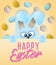 Happy Easter greeting card with painted or decorated eggs and blue fluffy bunny that is peeping out.