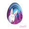 Happy Easter Greeting card with paper cut bunny rabbit, pink spring flowers. Origami Blue Egg shape frame. Place for