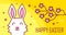 Happy Easter greeting card with rabbit and Sakura on yellow background. Thin line flat design. Vector banner