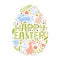 Happy Easter greeting card with silhouette bunny, flowers, leaves and lettering.