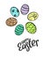 Happy Easter greeting card with six different colorful eggs and hand drawn text. Flat vector illustration