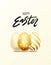 Happy Easter hand lettering with gold realistic looking ester eggs. Vector typography. Quote as Pascha poster, flyer
