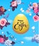 Happy Easter hand lettering on golden egg surrounded by beautiful half-colored flowers, butterflies and cute blue bird
