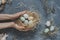 Happy easter. Hands holding easter eggs in nest with easter decoration, top view