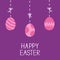 Happy Easter. Hanging painted eggs. Dash line with bows. Greeting card. Flat design style.