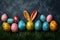 Happy easter happiness Eggs Cherry blossoms Basket. White duckling Bunny easter spine flower. freesias background wallpaper