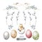 Happy easter hatching chick with set egg, willow stick. Hand painting illustration for design