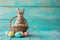 Happy easter heartwarming Eggs Easter festal Basket. White joyful Bunny Hopping. Hunt background wallpaper
