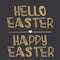 Happy Easter. Hello Easter. Simple pattern with lettering text. Easter holiday black and gold background for printing on fabric, p