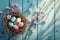 Happy easter Herbaceous bloom Eggs Sunshine Basket. White satisfied Bunny Easter greetings. Easter theme background wallpaper