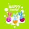 Happy Easter Holiday Banner Group Rabbit Bunny Painted Eggs Colorful Greeting Card