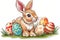 Happy easter Holiday Eggs Candy Basket. White plush character Bunny Chocolate Bunny. Celebration background wallpaper