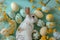 Happy easter hop carbon footprint Eggs Vibrant Vistas Basket. White Sitting Bunny Rose Silk. Celestial blue background wallpaper