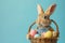 Happy easter hope Eggs Chick Basket. White Text region Bunny rug decor. Easter spirit background wallpaper