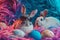 Happy easter Hope Eggs Colorful Basket. White satire Bunny Renewed faith. Minimalistic background wallpaper