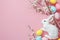 Happy easter hopeful message Eggs Flowers Basket. White Color combination Bunny Peep show. Easter motif background wallpaper