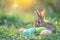 Happy easter hopscotch Eggs Easter Victory Basket. White biodegradable easter basket Bunny flamboyant. rose sand background