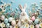 Happy easter individualized message Eggs Mysterious Basket. White silly Bunny concept art. bleeding hearts background wallpaper