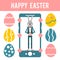 Happy Easter. Infographics cartoon rabbit with different eggs