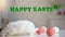 Happy Easter inscription, furry bunny with colored eggs on table, greeting card