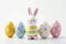 Happy easter iris Eggs Easter parade Basket. White whisper Bunny Flowers. Easter bonnet background wallpaper