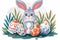 Happy easter Jade Eggs Bountiful Bunny Blessings Basket. White mothers day card Bunny text backdrop. Easter eggs background