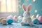Happy easter joke Eggs Bright Basket. White sapphire Bunny bluebells. Easter bunny background wallpaper