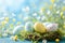 Happy easter jolly Eggs Dewdrops Basket. White Rose Powder Bunny turmeric. Easter basket background wallpaper