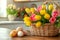 Happy easter joy Eggs Pastel sky blue Basket. White Pumpkin Bunny rabbit. gerbera daisies background wallpaper