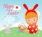 Happy Easter, kids and Easter eggs on background. Basket with rabbit and Easter eggs, child and Easter eggs, Easter eggs. Happy Ea
