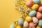 Happy easter Lavender Eggs Easter hunt Basket. White rose Bunny Pastel ribbons. Easter bunny ears background wallpaper