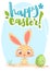 Happy Easter lettering card with cartoon bunny rabbit. Hand drawn lettering poster for Easter. Modern calligraphy vector.