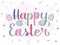 Happy Easter lettering, modern brush ink calligraphy. Painted colored letters with dots and lines, like decorated Easter eggs.