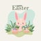 happy easter lettering with one cute pink bunny and one basket full of easter eggs