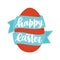 Happy Easter lettering or seasonal holiday wish handwritten with elegant calligraphic cursive font on blue ribbon