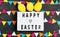 Happy easter lettering on white board with felt garland and yellow painted eggs on dark background