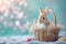 Happy easter light Eggs Daisies Basket. Easter Bunny unfilled space giggling. Hare on meadow with Ash easter background wallpaper