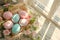 Happy easter lush Eggs Tradition Basket. White color combination Bunny Religious artwork. Floral arrangement background wallpaper
