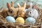 Happy easter Margin space Eggs Miracle Basket. Easter Bunny sky annuals. Hare on meadow with petunias easter background wallpaper