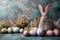 Happy easter meadow green Eggs Geranium blooms Basket. White rose cotton Bunny white bunny. red azalea background wallpaper