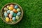 Happy easter Medicinal blossom Eggs Easter tradition Basket. White Clean slate Bunny Meadow Green. Orange Crush background