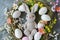 Happy easter medley Eggs Bees Basket. White easter decorations Bunny encouraging words. bunny costume background wallpaper