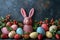 Happy easter merry Eggs Decorations Basket. White birthday card Bunny celebration. Elegant arrangement background wallpaper