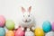 Happy easter Mint green Eggs Easter egg traditions Basket. White commemoration Bunny plushie. Electric blue background wallpaper