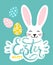 Happy Easter, Modern Easter card, cute bunny, decorated eggs on green background. Flat cartoon minimalistic vector