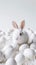 Happy Easter! Monochromatic white banner with easter bunny rabbit on white background, surrounded by white eggs