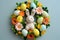 Happy easter Moss Green Eggs Easter cookies Basket. White Candy Apple Red Bunny Groundcover bloom. picnics background wallpaper